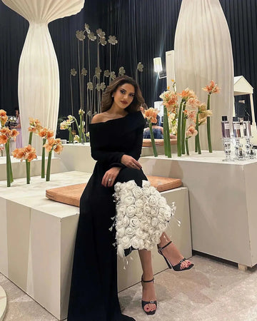 Elegant Sheath Long Sleeve 3D Floral Satin Long Prom Dress Evening Dress HZ1023